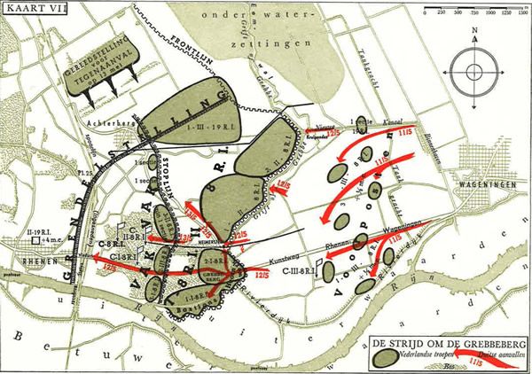 Oude kaart van de Grebbeberg waarop de strijd is uitgetekend