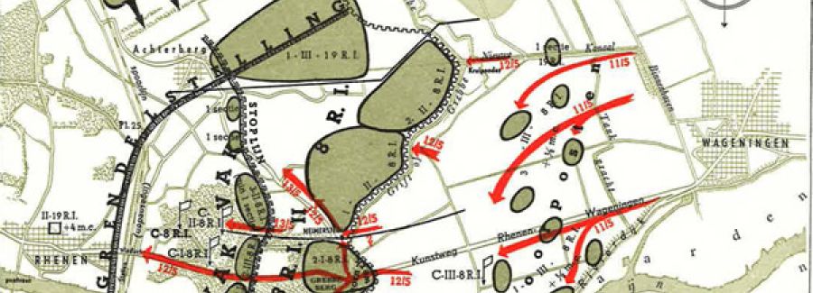 Oude kaart van de Grebbeberg waarop de strijd is uitgetekend