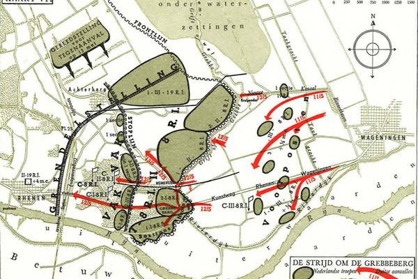 Oude kaart van de Grebbeberg waarop de strijd is uitgetekend
